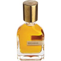Clear glass bottle of Orto Parisi Bergamask perfume with gold cap and amber liquid, 50 ml size.