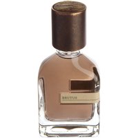 Clear glass bottle with brown liquid, bronze cap, and label reading "Brutus" for Orto Parisi unisex woody perfume.