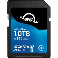 OWC Atlas Pro 1TB SDXC UHS-II card, black with blue label, white text, and speed icons.