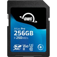Black OWC Atlas Pro 256GB SDXC UHS-II card with blue label and white text showing speed and capacity details.
