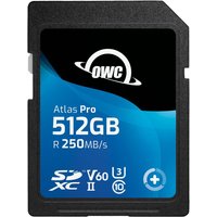 Black and blue OWC Atlas Pro 512GB SDXC UHS-II card with white text and logo, speed rating V60.