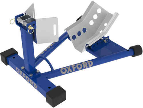 Blue metal bike dock stand with a sturdy base, adjustable arms, and multiple holes for securing various motorcycle sizes, featuring the "OXFORD" logo prominently displayed.