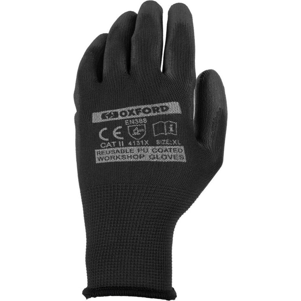 Black workshop glove made of PU-coated material, featuring a textured grip, labeled with Oxford branding, and sized XL for a comfortable fit.