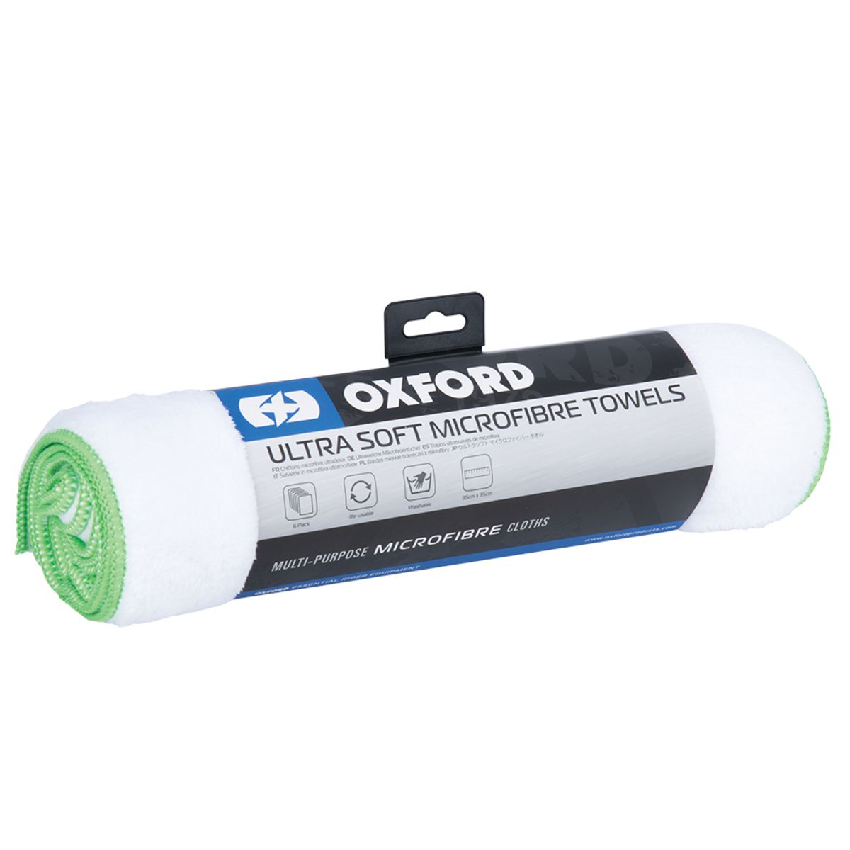 Oxford Ultra Soft Microfibre Towels in a pack of 6, featuring a white body with green trim, designed for multi-purpose use, showcasing a soft, absorbent material.