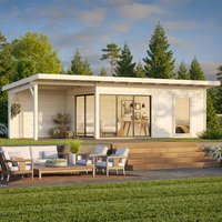 Contemporary log cabin with white wood, sliding glass doors, attached gazebo, and flat roof in a garden setting.