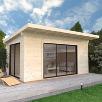 Pent log cabin with light wood finish, double glazed sliding doors, flat roof, and modern design.
