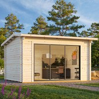 Log cabin garden office with sliding glass doors, white wood finish, flat roof, surrounded by trees.