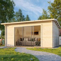 Wooden log cabin garden office with sliding glass doors, flat roof, and double glazing, set in a grassy yard.