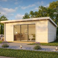 Palmako log cabin garden office with double glazed sliding doors, flat roof, natural wood finish, surrounded by greenery.