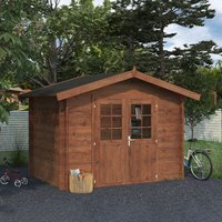 Wooden log cabin shed with double doors, window panes, and pitched roof, surrounded by trees and garden items.