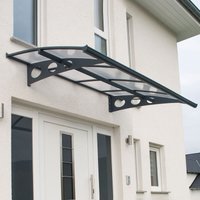 Black Palram Canopia Herald 2230 door canopy with arched design, clear panels, and decorative side brackets.