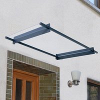 Grey Palram Canopia Nancy 1500 door canopy with clear panel and sleek metal frame over a wooden door.