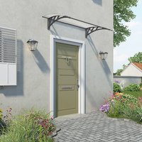 Grey twinwall door canopy with curved black brackets above a green door on a light grey wall.
