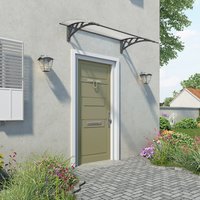 Grey twinwall door canopy with curved black brackets over a green door on a light-colored wall.