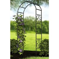 Black metal garden arch with scroll design, 7'5" tall, 3'2" wide, adorned with climbing purple flowers.