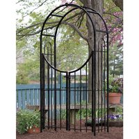 Black metal garden arch with gate, featuring a curved top and vertical bars, standing 7'5" tall by 4'1" wide.