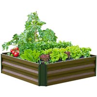 Expandable steel raised bed, 3' x 3', with green corrugated panels, filled with assorted leafy greens and tomatoes.