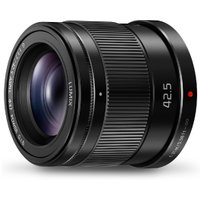 Black Panasonic telephoto lens with ribbed focus ring, 42.5mm marking, and Lumix branding on the barrel.