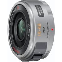Silver Panasonic H-PS14042 MILC lens with 14-42mm zoom, HD label, and compact design.