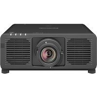 Black Panasonic PT-REZ80BEJ data projector with central lens, dual side vents, and 8000 ANSI lumens brightness.