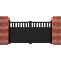 Black metal driveway double gates with vertical slats and partial privacy design, flanked by red brick pillars.