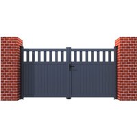 Grey metal double driveway gates with partial privacy slats, framed by red brick pillars.