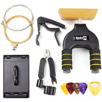 PDT RockJam Guitar Accessory Super Kit with capo, tuner, picks, string winder, strap, and strings.