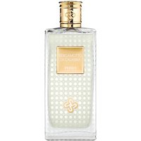 Clear glass bottle with gold cap, featuring a dotted pattern and gold label for Perris Bergamotto di Calabria Eau de Parfum.