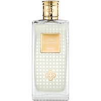 Clear glass bottle with gold cap, embossed pattern, and gold label for Perris Cedro di Diamante unisex citrus perfume.