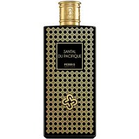 Black rectangular bottle with gold geometric pattern, gold cap, labeled "Santal du Pacifique Perris" unisex woody perfume.