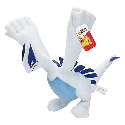 Large plush Lugia in white and blue, featuring soft fabric, detailed wings, and a friendly expression, perfect for collectors and fans of Pokémon.