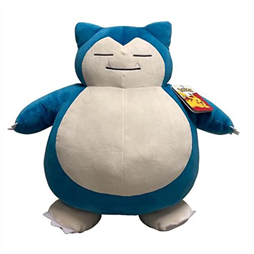 Soft plush Snorlax toy featuring a blue body, cream-colored belly, and a relaxed facial expression, with small ears and tag attached.