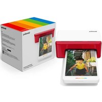White Polaroid Hi-Print 4x6 photo printer with red top, printing a colorful image, next to a rainbow-themed box.