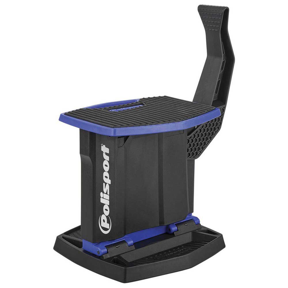 Foldable bike stand in black and blue, featuring a textured platform, sturdy base, and a lever for height adjustment, designed for off-road use.