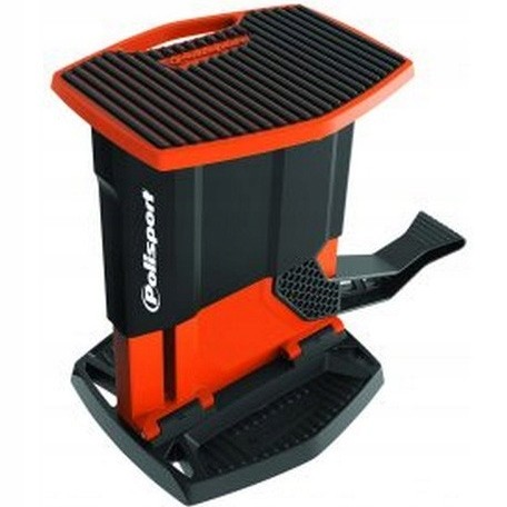 Black and orange Polisport motorcycle lift stand with a textured top surface, sturdy base, and a foot pedal for easy height adjustment, supporting up to 200 kg.