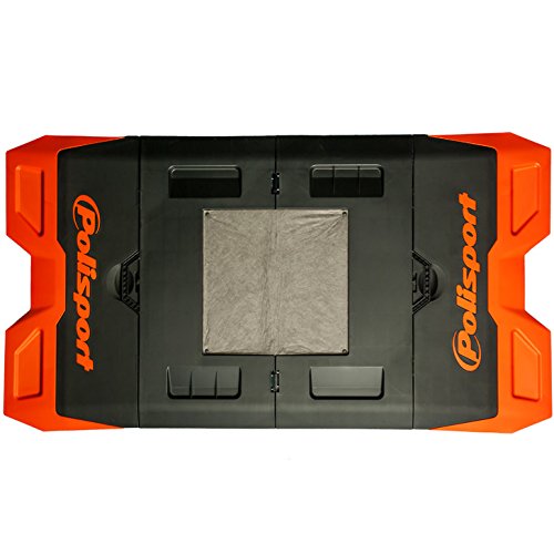 Polisport New Motopad Folding Bike Mats feature a durable black and orange design with a textured center area, ideal for protecting surfaces while working on bikes.