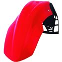 White plastic front fender with a sleek design, featuring a black mounting bracket and ventilation slots for enhanced airflow, ideal for off-road motorcycles.