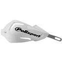 White Polisport Touquet handguards made of durable plastic, featuring a sleek design and the Polisport logo prominently displayed in black.