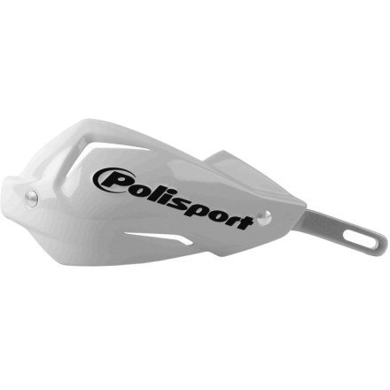 White Polisport Touquet handguard with a sleek design, featuring a glossy finish and the "Polisport" logo prominently displayed in black.