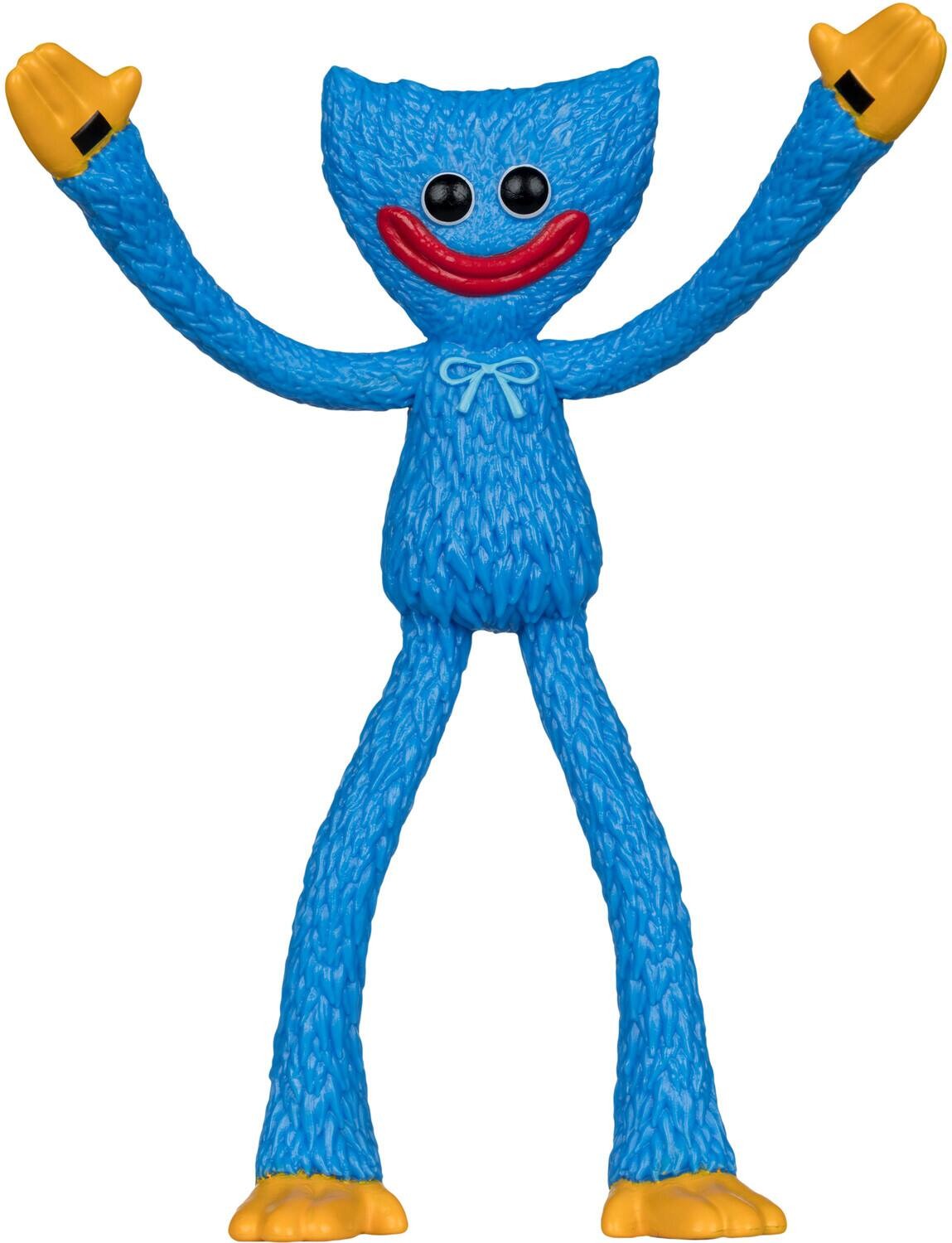 Bendable Huggy Wuggy figure features a bright blue body with textured fur, large black eyes, a wide red mouth, and yellow hands, standing 4.5 inches tall.