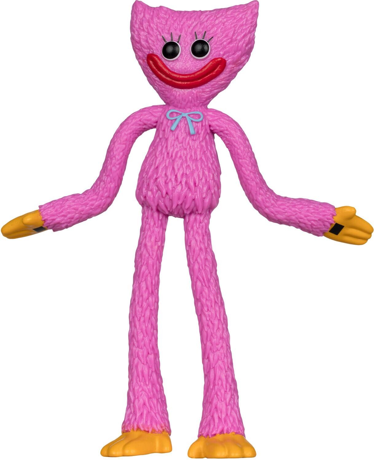 Kissy Missy is a 4.5" bendable figure with a fuzzy pink body, large black eyes, a wide red smile, and yellow hands and feet, featuring a blue bow on her neck.