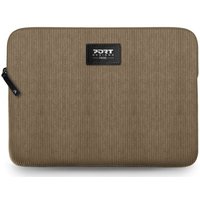 Brown PORT Designs Milano II Eco Sleeve, 14-inch, with textured fabric and black zipper, featuring a logo patch.