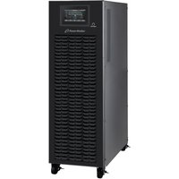 Black PowerWalker UPS with digital display, vented front panel, and caster wheels.