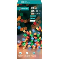 Premier 200 LED multicolour light chain, 20m length, battery powered, vibrant red, green, blue, and yellow bulbs.