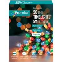 Premier 50 LED multicolour light chain, 5m length, green cable, battery powered, suitable for indoor and outdoor use.