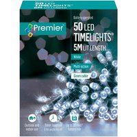 Premier 50 LED white light chain, 5m length, battery-operated, multi-action, suitable for indoor and outdoor use.