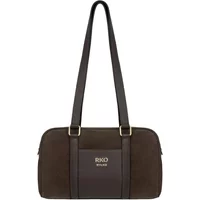 Brown leather and suede handbag by Ryłko, rectangular shape, dual handles, gold-tone logo on front.