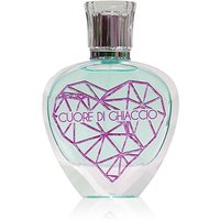 Heart-shaped clear bottle with purple geometric heart design, "Cuore di Ghiaccio" text, silver cap, 100 ml unisex perfume.
