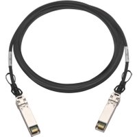 Black QNAP 3m SFP+ DAC cable with silver connectors, coiled neatly.