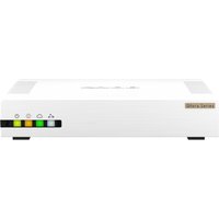 White QNAP QHora-321 wired router with 2.5 Gigabit Ethernet ports and LED indicator lights on the front panel.